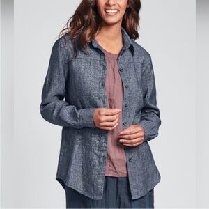 FLAX Metallic McQueen Linen Blend Button Up Shirt/ Shacket Blue. Size Medium.